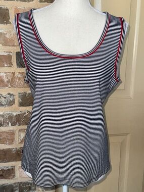 Lauren Ralph Lauren Navy & White Striped Tank Red Trim Plus Size Casual Classic